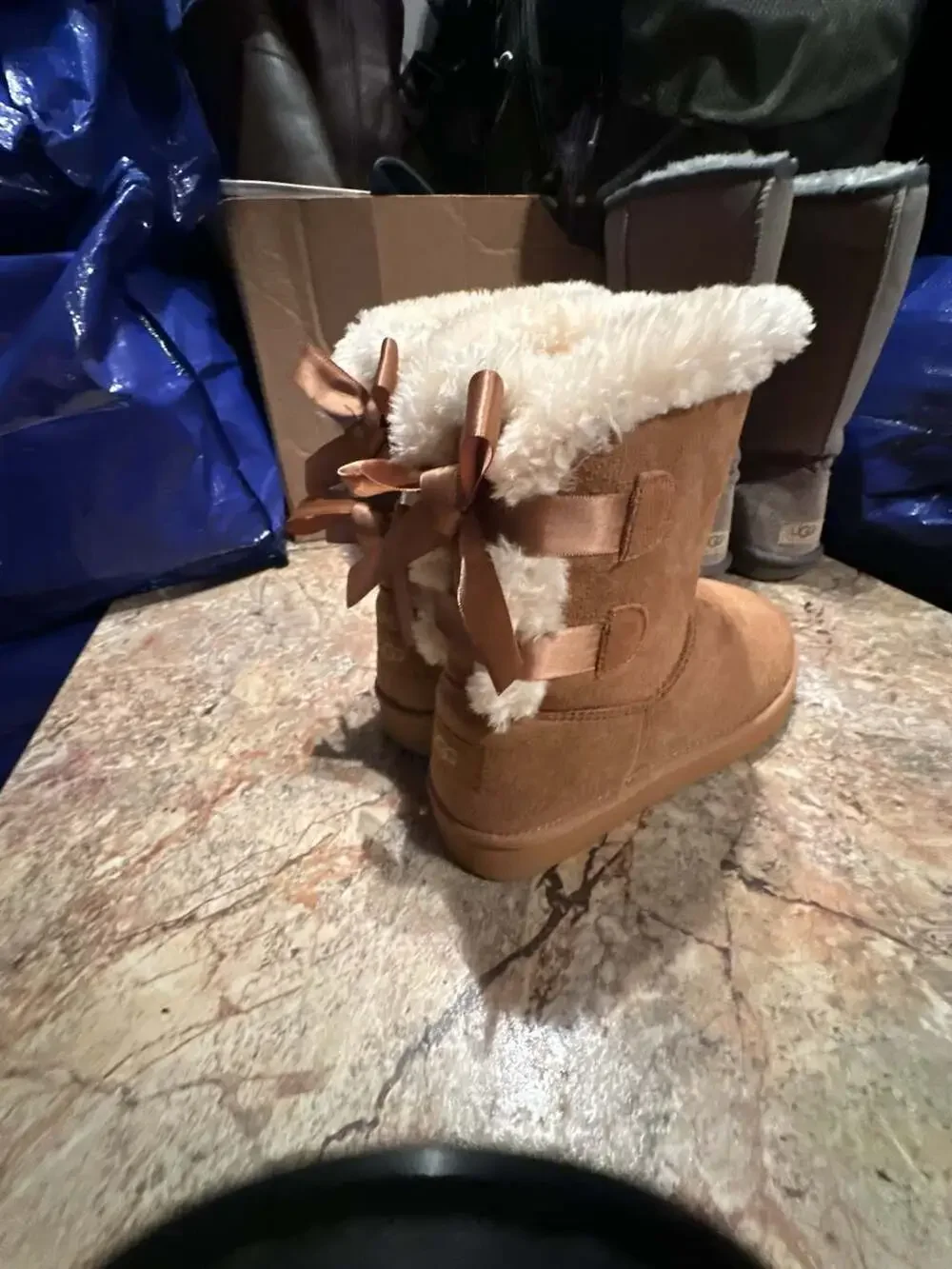 Tan Suede Faux-Fur Lined Winter Boots with Back Ribbon Detail